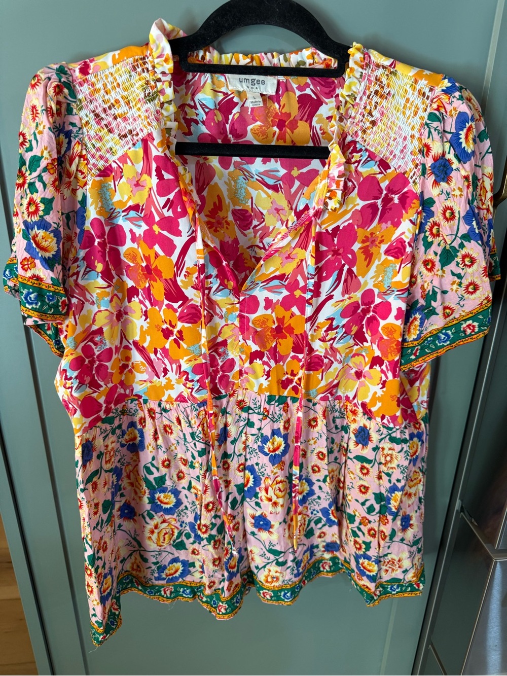 Umgee Bright Floral V-Neck Short Sleeve Peasant Top in Pink, Yellow & Blue